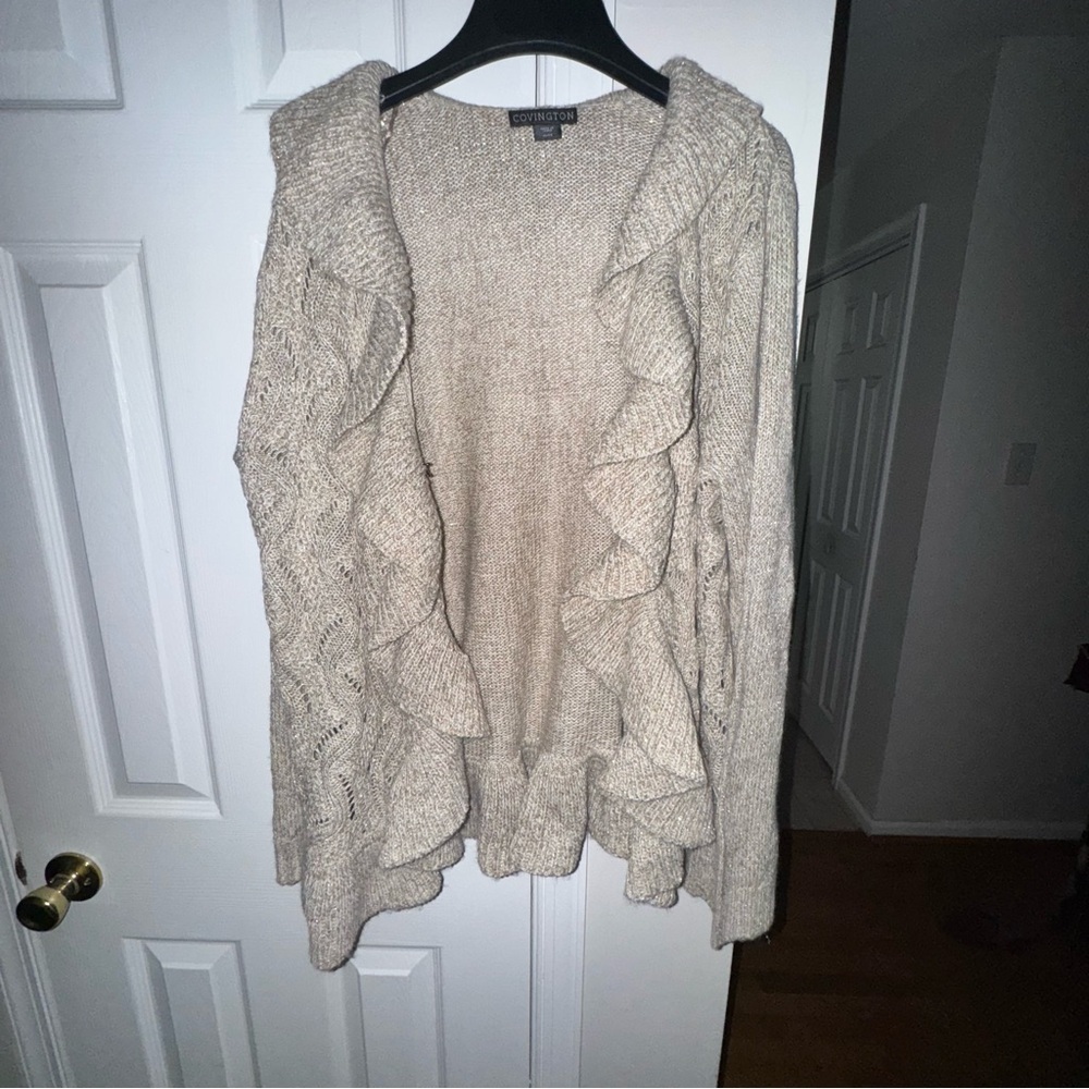 Covington Women's XL Open Front Ruffle Cardigan Oatmeal Beige Metallic Knit